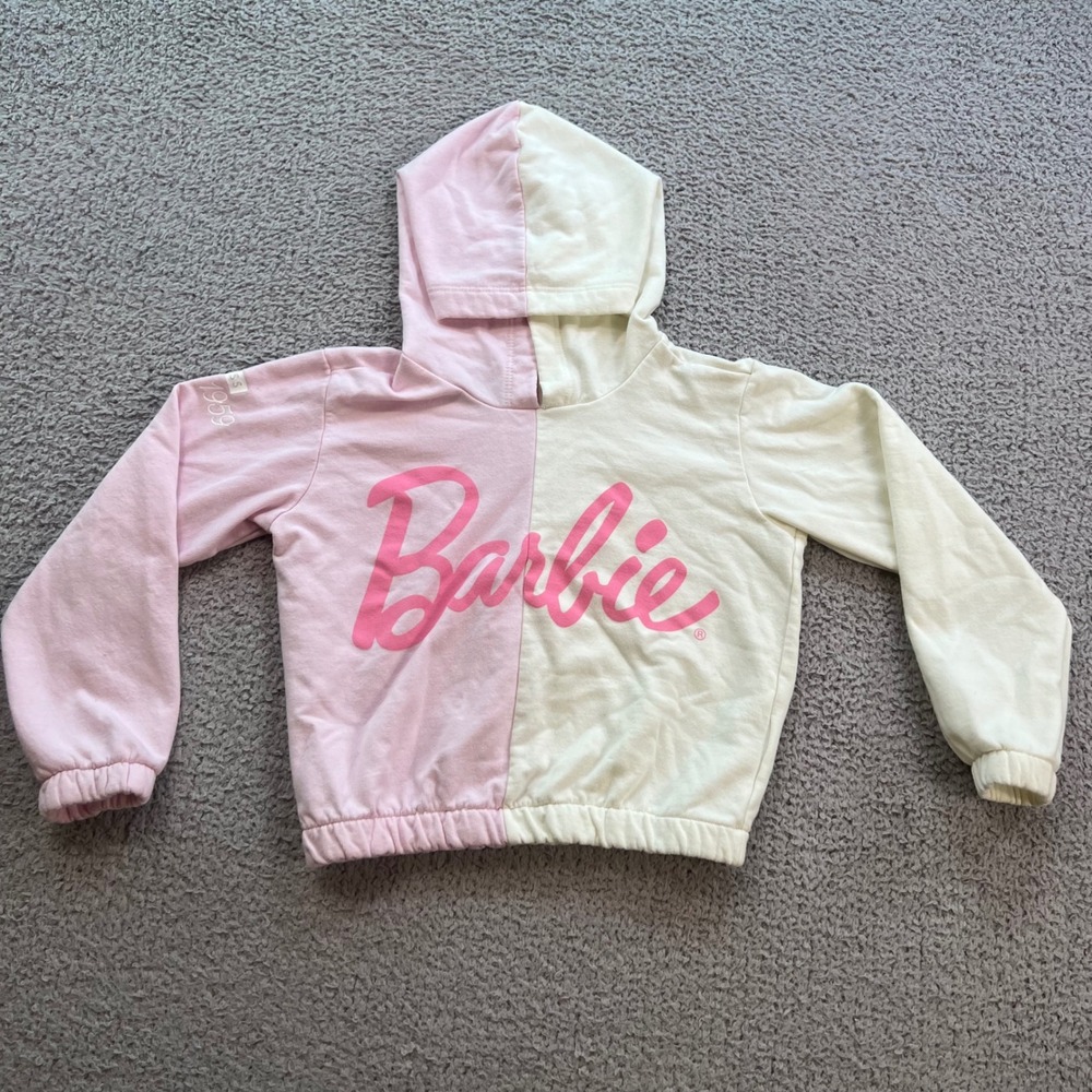 Barbie Mattel Girls Pink Cream Split Colorblock Hoodie Sweatshirt Size 6 2023